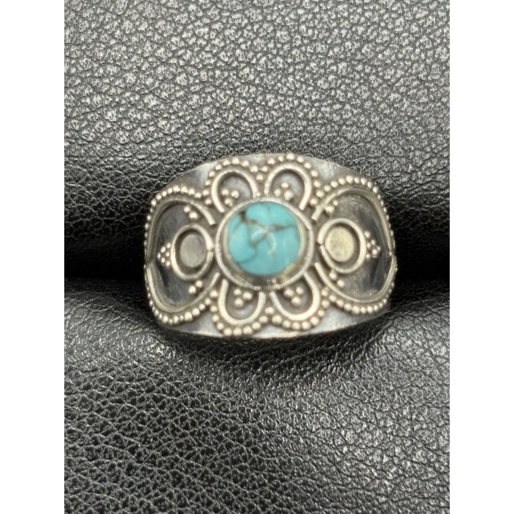 New Condition Sterling Silver Turquoise Bali Ring Size 7 G6